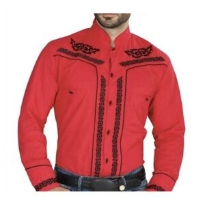 Men's Charro Shirt Camisa Charra El General Western Wear‎ Red Long Sleeve Sz (S)